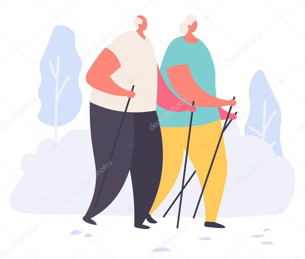 Elderly man and woman walk in the park together, holding walking sticks outside vector illustration, cartoon character .