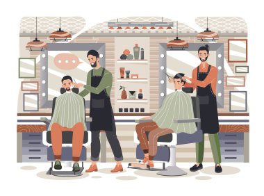 Berber salonundaki adam, profesyonel insanlar sakal traşı ve saç kesimi, vektör illüstrasyonu.