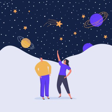 Sıradan giysiler içinde çizgi film enerji grubu yıldızları ve dolunayı seyrediyor açık havada, vektör illüstrasyonunda birlikte vakit geçiriyorlar.