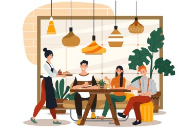 People in cozy cafe, coffee shop interior, customers and waitress, vector illustration