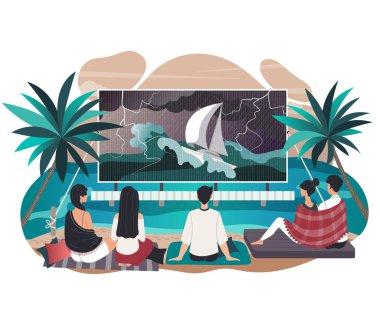 Sinemada film izleyen insanlar, 3 boyutlu gözlüklü çizgi film karakterleri, vektör illüstrasyonu