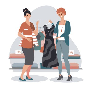 Dükkan asistanı, kadına yeni moda elbiseler, müşteri ve danışman kişiler, vektör illüstrasyonu seçmesinde yardımcı olur