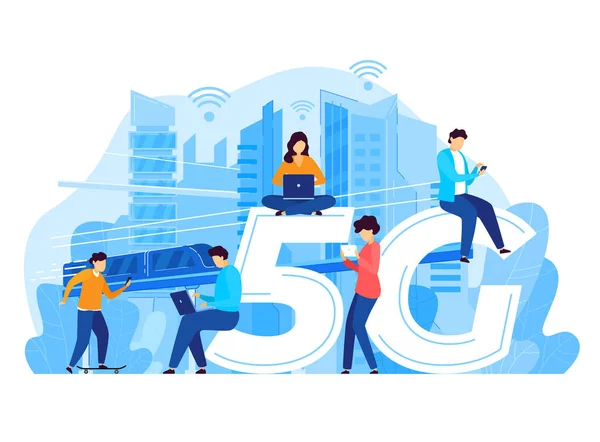 Personer som använder 5G internet, innovativ teknik i moderna stadskoncept, vektor illustration — Stock vektor