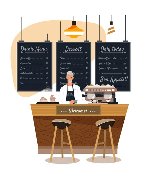 Barista nella caffetteria, uomo personaggio dei cartoni animati lavoro in accogliente bar, panetteria moderna, illustrazione vettoriale — Vettoriale Stock
