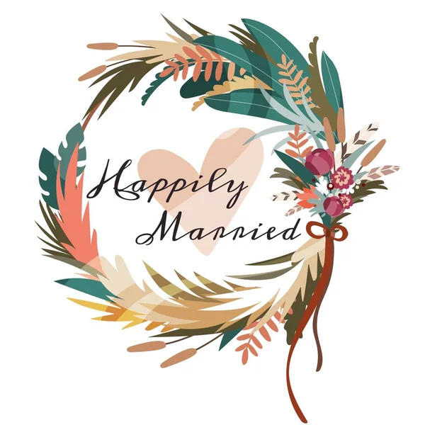 Bruiloft uitnodiging kaart, bloemkrans frame in boho stijl, vector illustratie — Stockvector