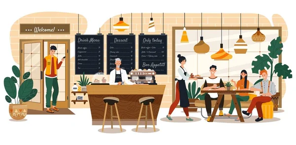 Personas en acogedora cafetería, interior de la cafetería, clientes felices y camarera, ilustración vectorial — Archivo Imágenes Vectoriales