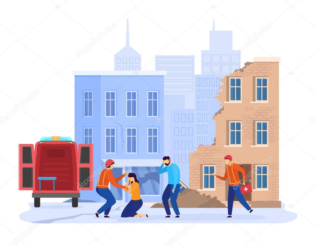 Earthquake disaster in city, emergency rescue people from destroyed houses, vector illustration