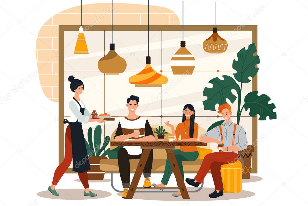 People in cozy cafe, coffee shop interior, customers and waitress, vector illustration