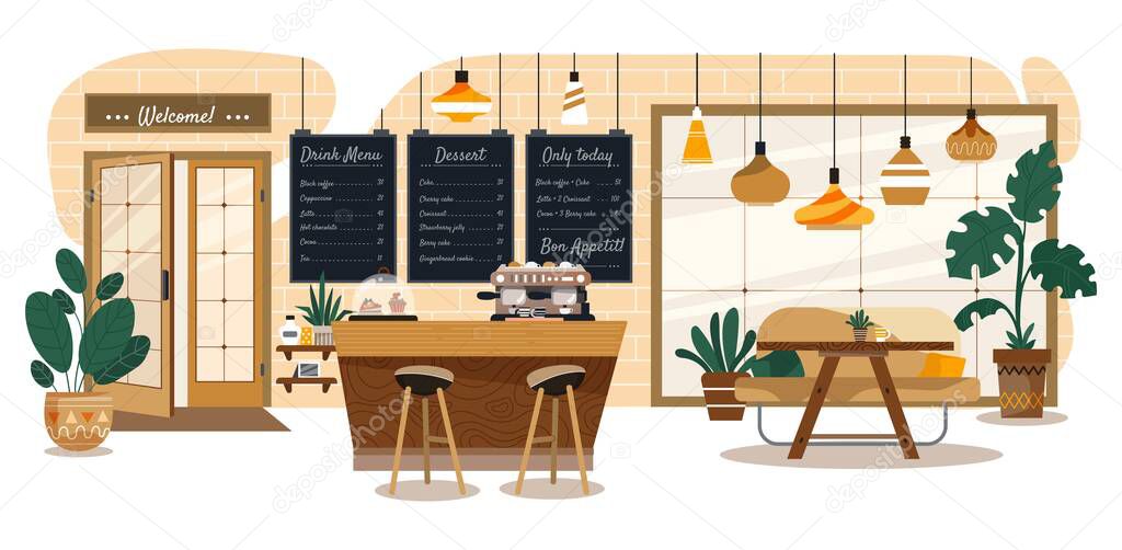 People in cozy cafe, coffee shop interior, happy customers and waitress, vector illustration