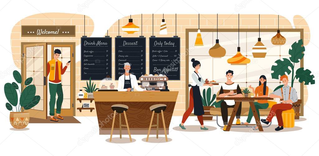 People in cozy cafe, coffee shop interior, happy customers and waitress, vector illustration