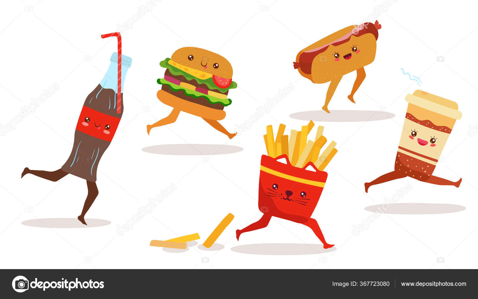 Fast food running cartoon characters hamburger, hot dog, french fries and  cola, vector illustration Stock Vector Image by ©seahorsevector #367723080