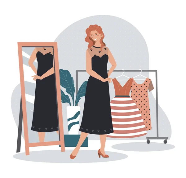 Mujer probándose un vestido nuevo en el probador de la tienda de moda, hermosa chica mirando en el espejo, vector de ilustración — Vector de stock
