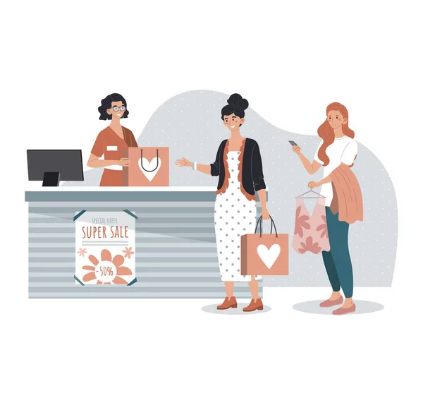 Gente comprando en la tienda de moda, mujer comprando ropa en boutique, ilustración vectorial — Vector de stock