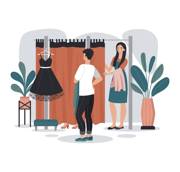 Mujer probándose un vestido nuevo en el probador de la tienda de moda, hermosa chica mirando en el espejo, vector de ilustración — Archivo Imágenes Vectoriales