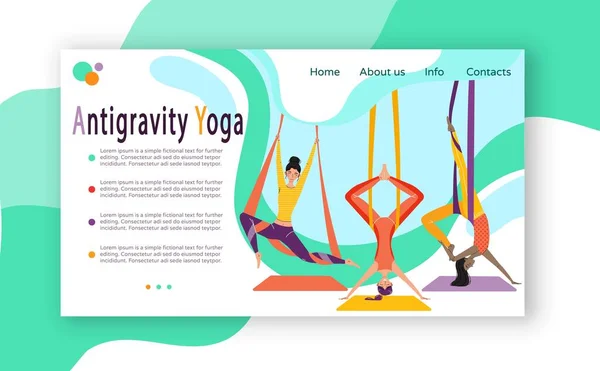 Aula de ioga antigravidade, fitness gym website design, pessoas vetor ilustração —  Vetores de Stock