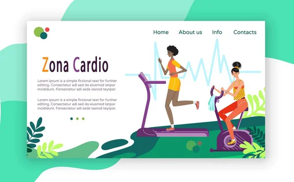 Cardio träning, kvinnor löpning och cykling i gym, människor vektor illustration — Stock vektor