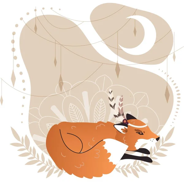 Fuchs auf dekoriertem Hintergrund im Boho-Stil, Vektorillustration — Stockvektor