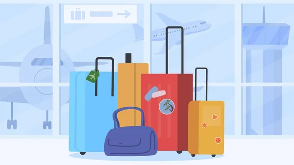 机场的旅行袋，度假时打包的行李箱，病媒图解 — 图库矢量图片