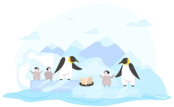 氷の上の幸せなペンギンの家族,かわいい漫画のキャラクター,ベクトルイラスト — ストックベクタ