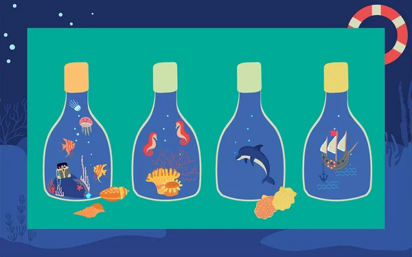Botellas con símbolos del mar y el océano, criaturas submarinas y peces, ilustración vectorial — Archivo Imágenes Vectoriales