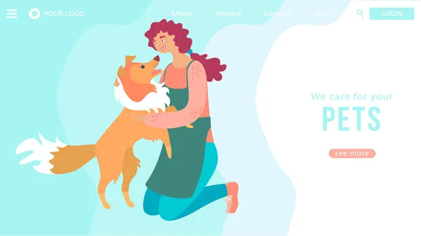 Kutya ellátás, boldog nő kisállat, aranyos állatok és emberek, website design vector illustration — Stock Vector