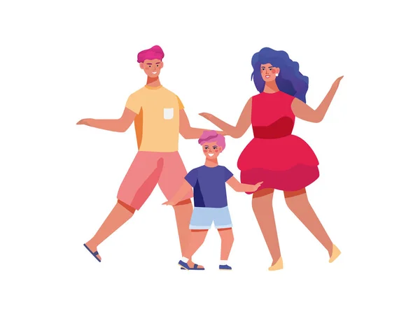 Kind mit Eltern, die im mexikanischen Stil tanzen und Vektor-Illustration auf weißem Hintergrund. Aktivitäten familiärer Charakter. — Stockvektor