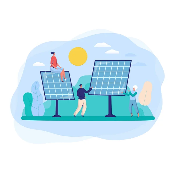 Lidé postavy s velkým solárním panelem v konceptu městského parku, vektorové ilustrace na bílém pozadí. Eco čisté moderní elektrické energie. — Stockový vektor