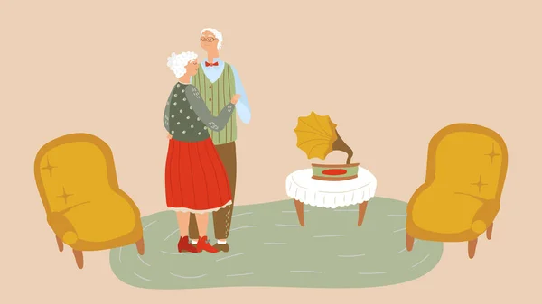 Couple âgé dansant, personnages de dessins animés de personnes âgées, illustration vectorielle — Image vectorielle