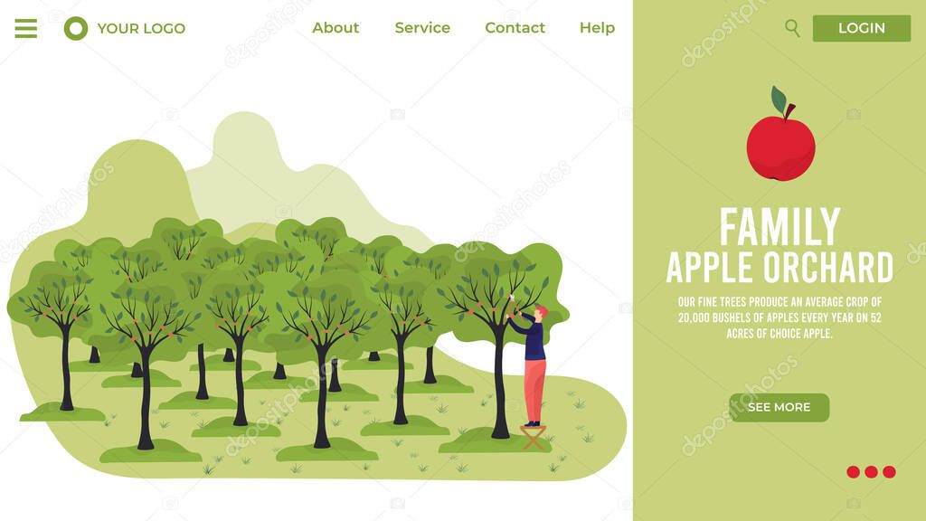 Gardener cartoon character works in family apple orchard, website design, people vector illustration