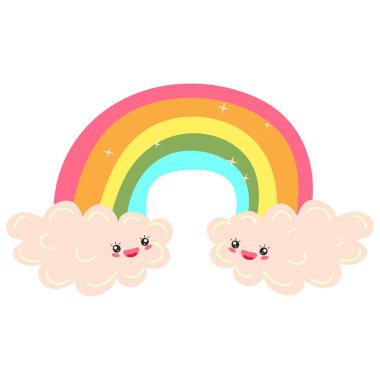 Bulutlarda gökkuşağı, tatlı kawaii çizgi film karakteri, çocuk odası için el çizimi vektör çizimi