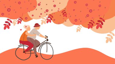 Sonbahar parkında bisiklete binen yaşlı bir çift. Çizgi film çizimi, açık hava eğlencesi. Aktif sağlıklı yaşam tarzı kavramı