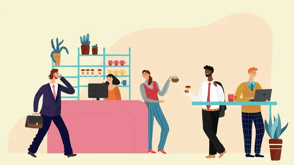 Personer i coworking office med kaffepaus, företag receptionen, vektor illustration — Stock vektor
