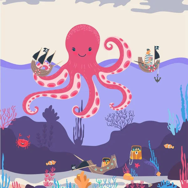 Riesenkrake im Ozean, kindliche Zeichentrickfigur, Schiffswrack und Schatztruhe unter Wasser, Vektorillustration — Stockvektor