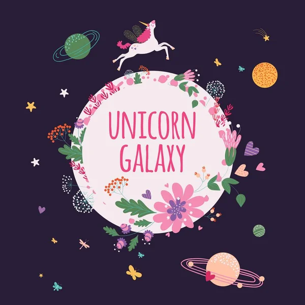 Galaxia unicornio, plantilla de tarjeta floral, planetas dibujados a mano y estrellas en el espacio, ilustración vectorial — Archivo Imágenes Vectoriales