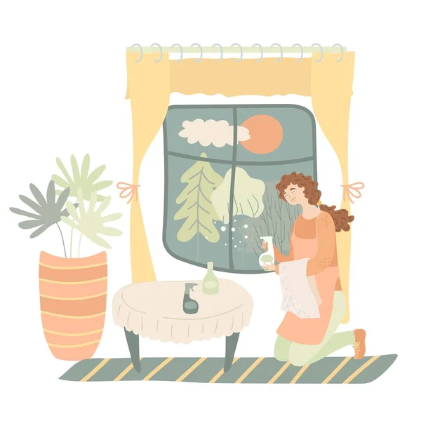 Mujer feliz y joven ventana de limpieza en el interior, ilustración vectorial. Personaje femenino de limpieza en diseño plano de dibujos animados — Vector de stock
