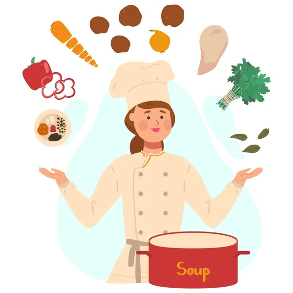 Ingrédients pour la recette de soupe, femme en uniforme de cuisinier, personnes illustration vectorielle — Image vectorielle