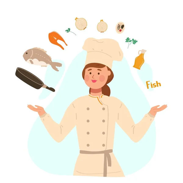Ingrédients pour la recette de poisson, femme en uniforme de cuisinier, illustration vectorielle de personnes — Image vectorielle