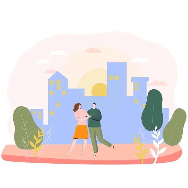 Şehirde romantik bir çift, aşık mutlu insanlar, sevgililer günü vektör çizimi — Stok Vektör