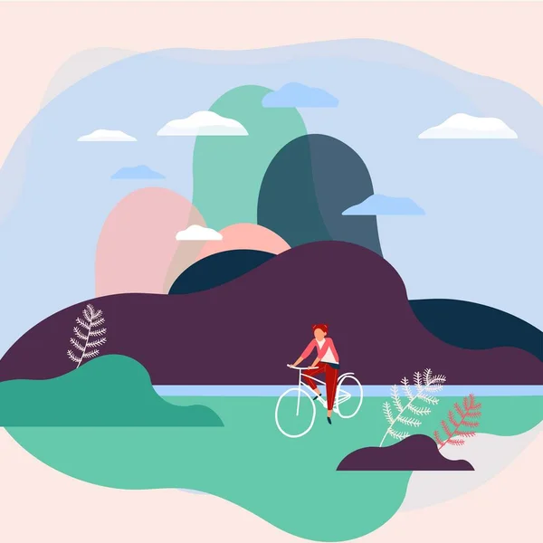 Menina ciclista andando de bicicleta perto das colinas e montanhas, ilustração vetorial. Estilo de vida ativo ao ar livre — Vetor de Stock