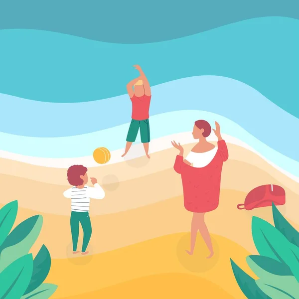 Щасливі двоє дітей грають у волейбол або іншу гру з мамою на річковому або морському пляжі, мультфільм, ілюстрація вектор . — стоковий вектор