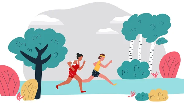Desenhos animados jovem homem e mulher maratona corrida esporte corrida sprint na parte da cidade, ou floresta ao ar livre, plana ilustração vetor isométrico — Vetor de Stock