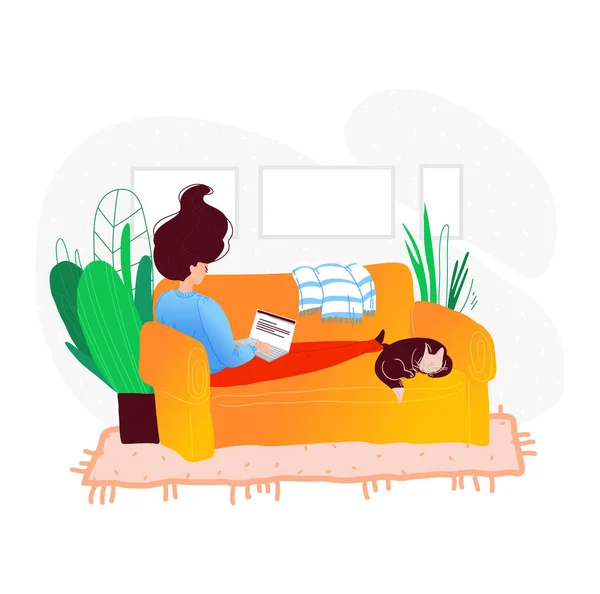 Gente freelance auto-isolamento a casa cartone animato personaggio vettoriale illustrazione. Laptop sul divano lavoro freelance remoto, lavoro fresco, set di lavoro dei lavoratori remoti . — Vettoriale Stock