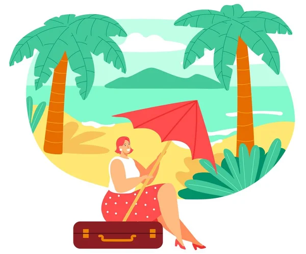 Woman sitting on travel suitcase, summer vacation on tropical beach, people vector illustration — Stock Vector