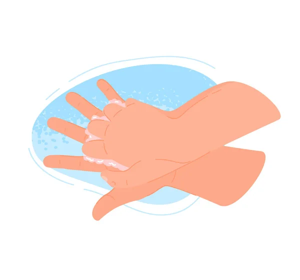 Procedimientos de higiene, lavado de manos por jabón contra el vector covid-19 Ilustración. Utilice jabón, espuma limpia en las manos bajo el agua corriente — Vector de stock