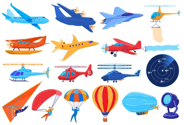 Transporte aéreo aislado en blanco, conjunto de aviones y helicópteros en estilo de dibujos animados, ilustración vectorial — Vector de stock