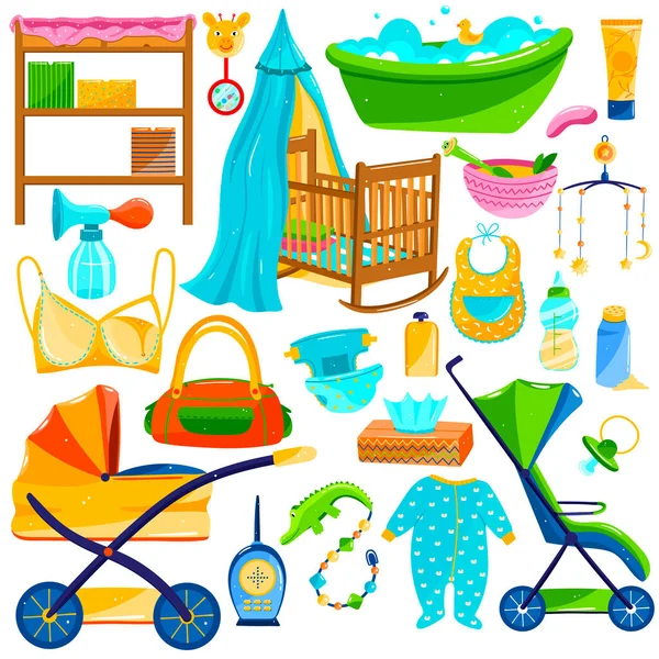 Objetos de cuidados com o bebê, insumos de itens recém-nascidos, conjunto de ícones isolados em branco, ilustração vetorial — Vetor de Stock
