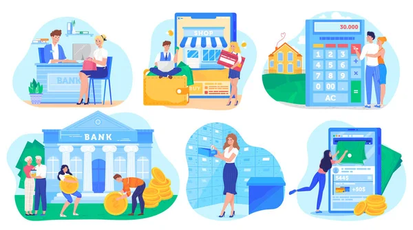 Conceito bancário, pessoas personagens de desenhos animados economizando dinheiro e compras on-line, ilustração vetorial — Vetor de Stock