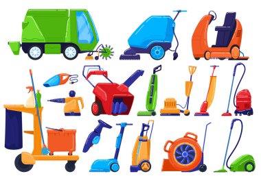 Cleaning equipment, maintenance service appliance, sweeper for house and street, vector illustration clipart