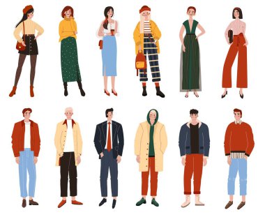 İnsanlar karikatür karakterlerini izole eder. Erkekler ve kadınlar için gündelik moda, vektör illüstrasyonu.