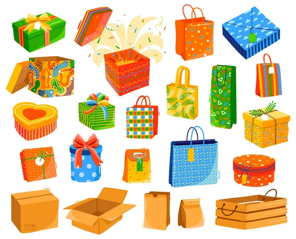 Coffrets cadeaux isolés sur blanc, lot de paquets cadeaux à vendre, illustration vectorielle — Image vectorielle